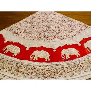 Vtg Kalamkari 60" Round Table Cloth Hand-Printed Red & White Elephants  India